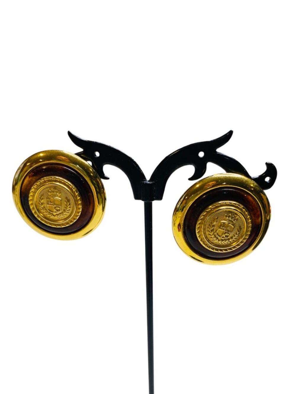 Signed Liz Claiborne Goldtone Amber Color Button Style Earrings Post Pierced 1.2